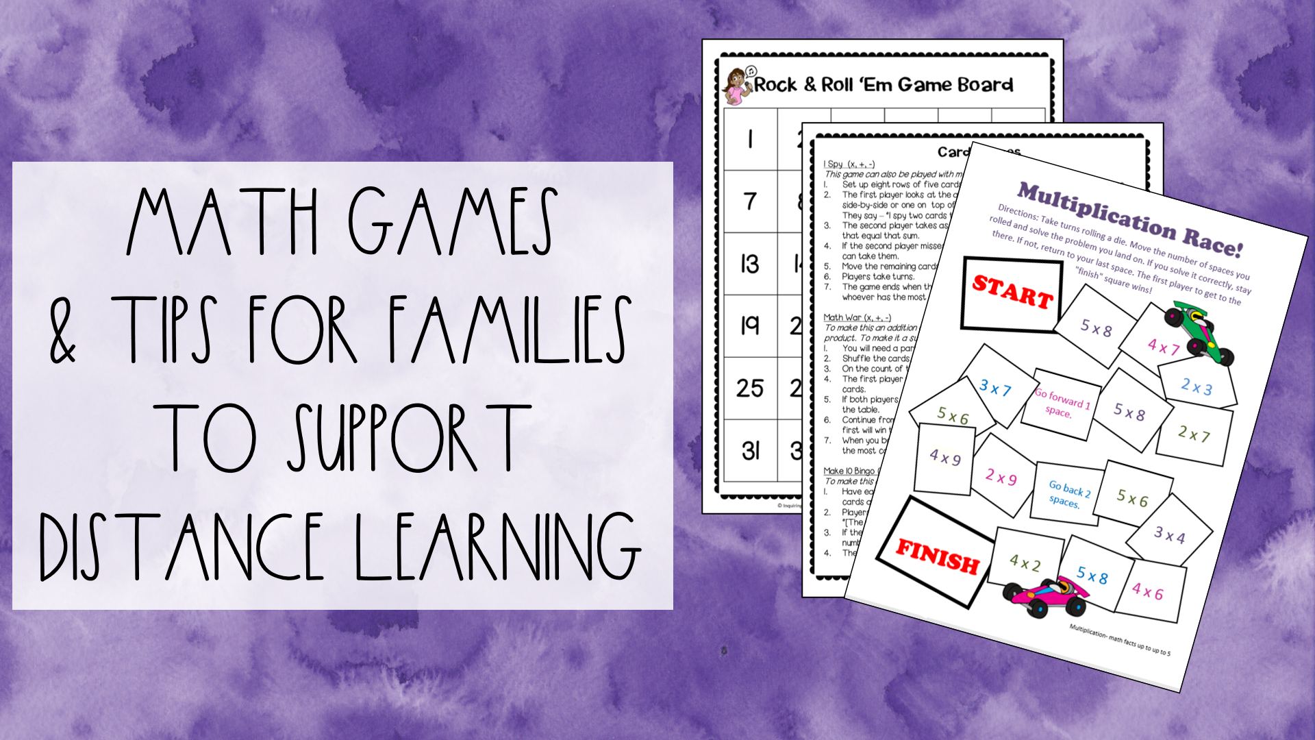 Text on the left reads "Math Games & Tips for Families to Support Distance Learning". On the right, images of the math games are featured.