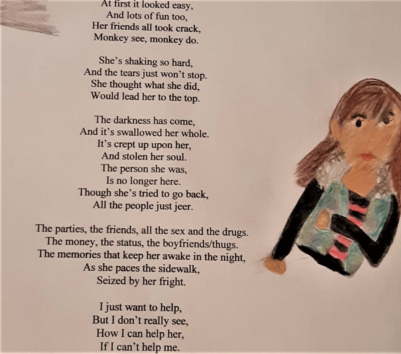 Photo of a poem about drug abuse with illustrations on the side.