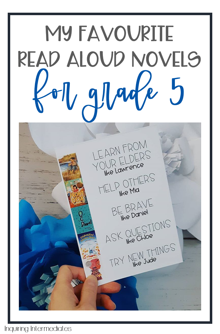 My favourite read alouds for grade five (photo of a card with encouraging phrases and book covers being held in front of blue and white paper flowers)