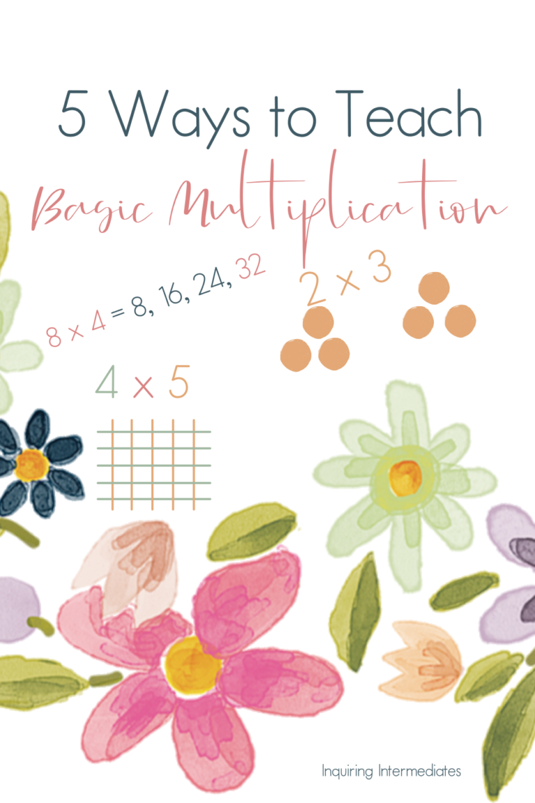Text reads: 5 Ways to Teach Basic Multiplication. Underneath, skip counting, equal groups, and lattices are shown on a flowered background.