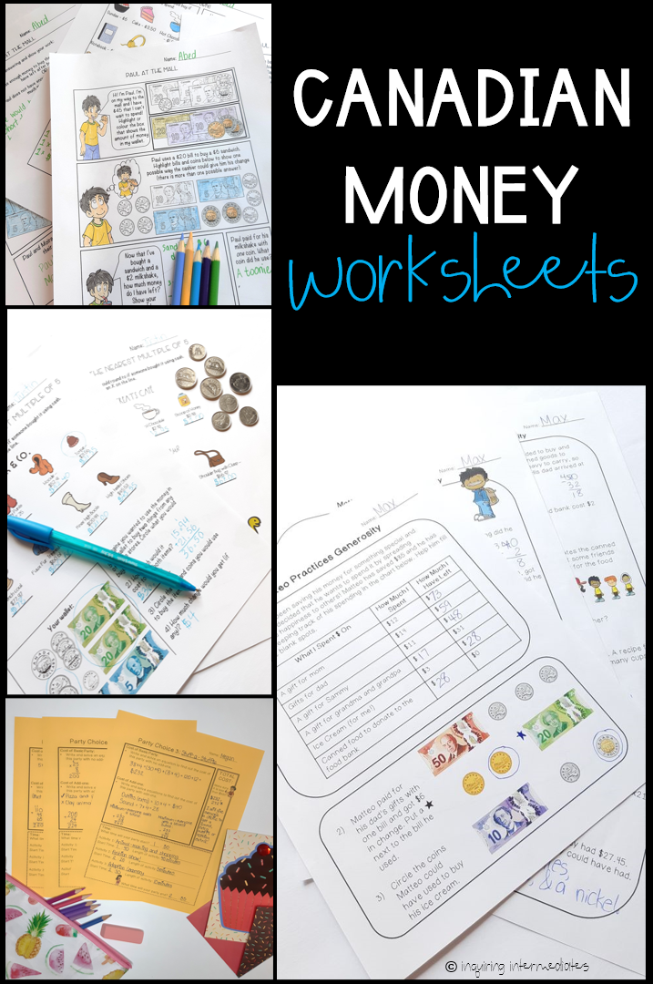 Text reads - Canadian Money Worksheets in the top right corner. Four Canadian money worksheets are collaged below. 