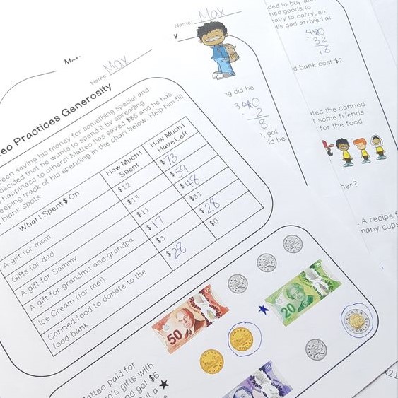 A Canadian money math worksheet where students track a boy's spending throughout the day and solve money and elapsed time math problems. The top of the page features a chart that shows what he has spent, students fill in blanks throughout. The bottom of the page features clip art of Canadian coins and bills.