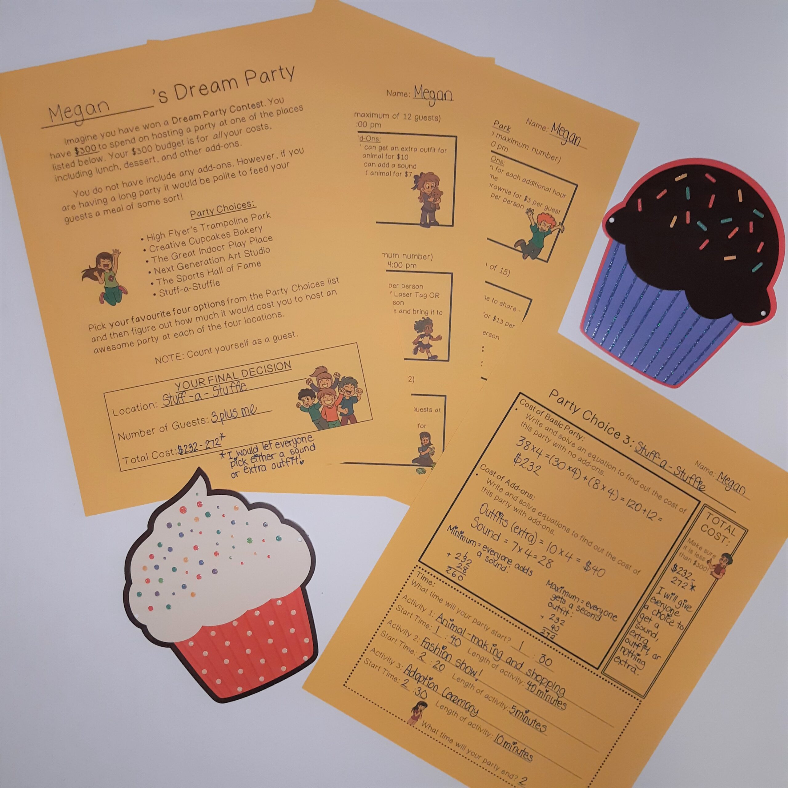 Yellow paper with the Canadian Money party planning assignment printed on it. Two cupcake cut outs are beside the math money worksheets