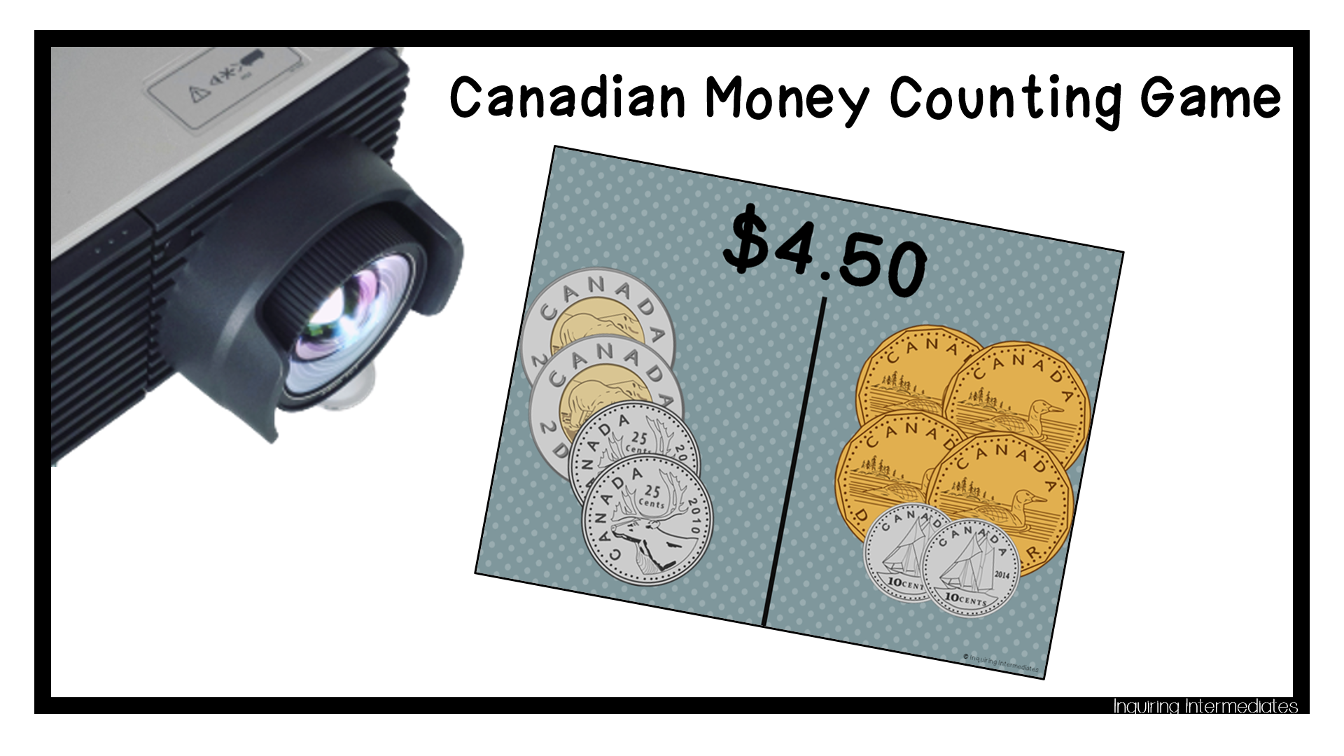 In the right corner, a projector points toward a slide with Canadian coins on it. The text up top reads - "Canadian Money Counting Game"