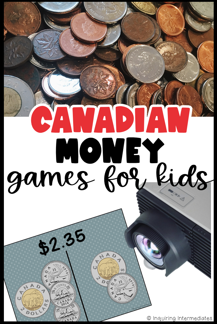 Text reads - "Canadian money games for kids"