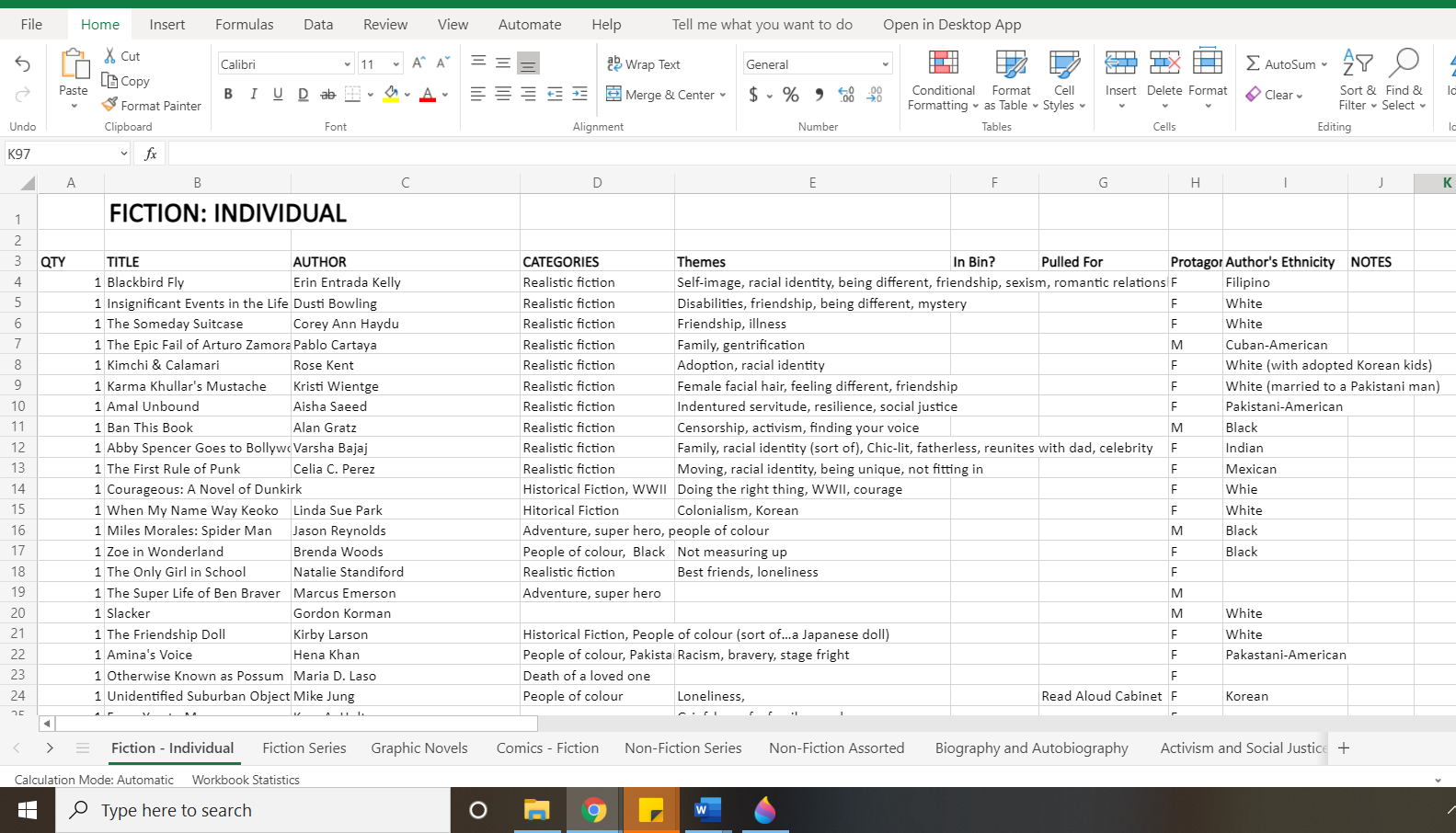Screenshot of my classroom library inventory spreadsheet
