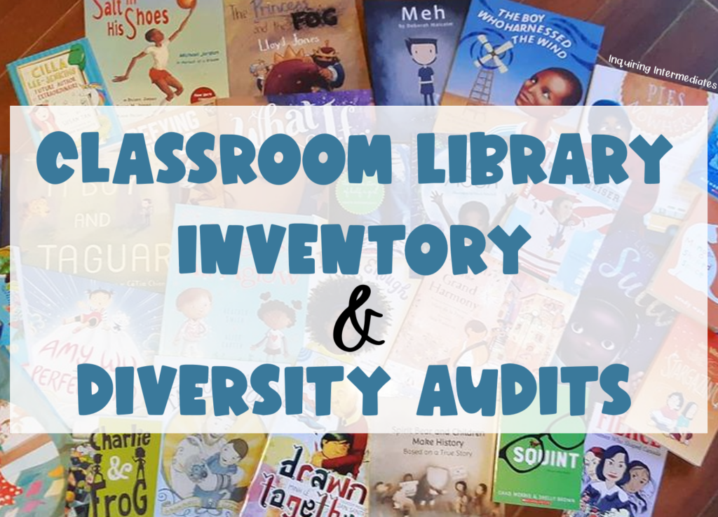 Text reads: Classroom library inventory & diversity audit. In the background, several books are spread across a wooden floor.