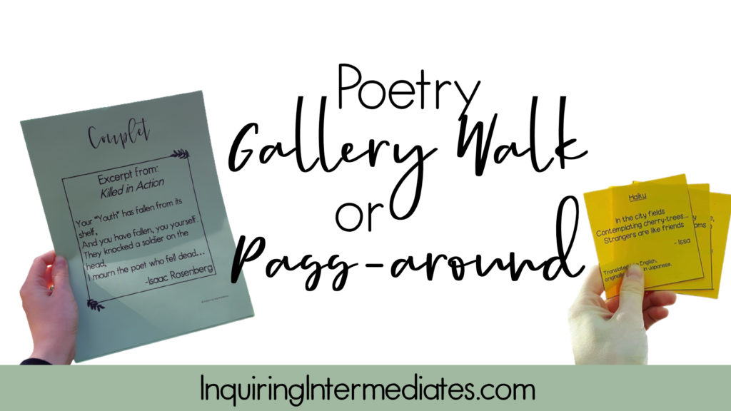 Text reads: Poetry gallery walk or pass-around. Pictures of a poetry poster and a little poetry card are on either side.