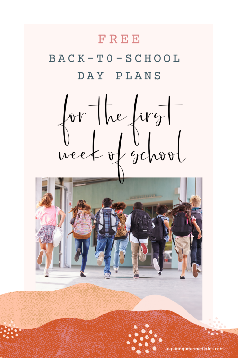 Free back-to-school day plans for the first week of school. Kids wearing backpacks are pictured running toward school.