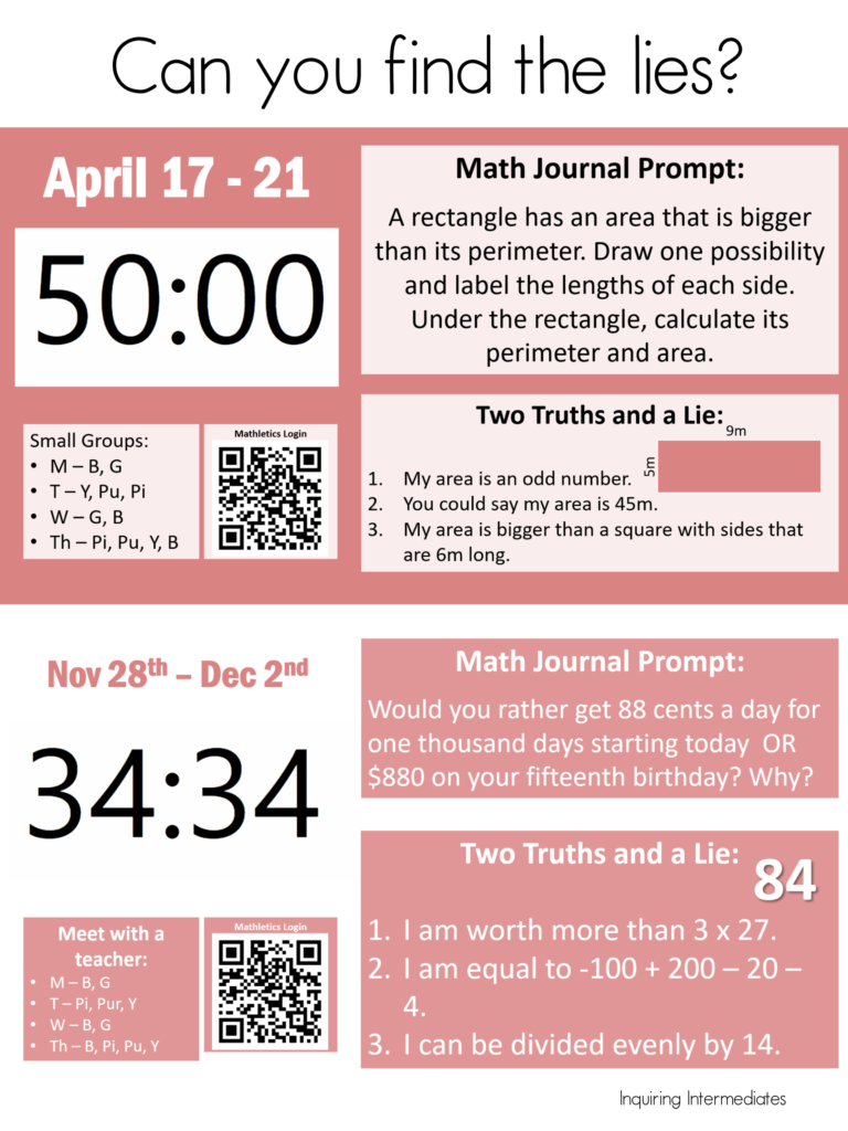 The text on the math menu slide reads: Two Truths and a Lie: 84 I am worth more than 3 x 27. I am equal to -100 + 200 – 20 – 4. I can be divided evenly by 14.