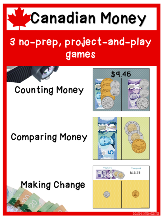 Image depicts three no-prep Canadian money games for elementary. Slap games